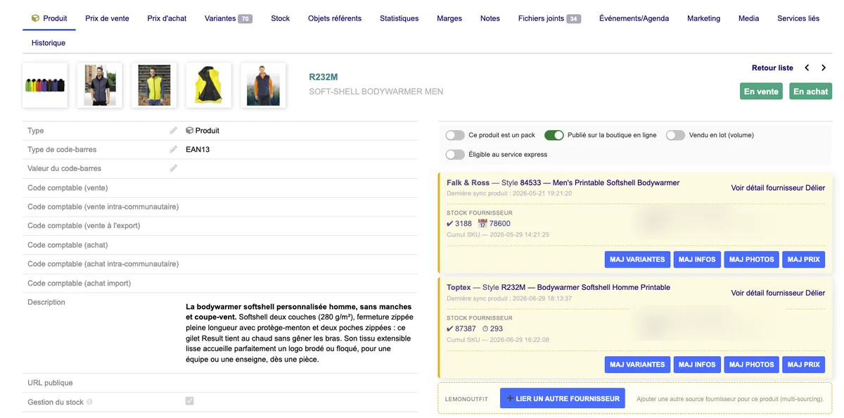 Fiche produit Dolibarr avec deux fournisseurs rattachés au même article