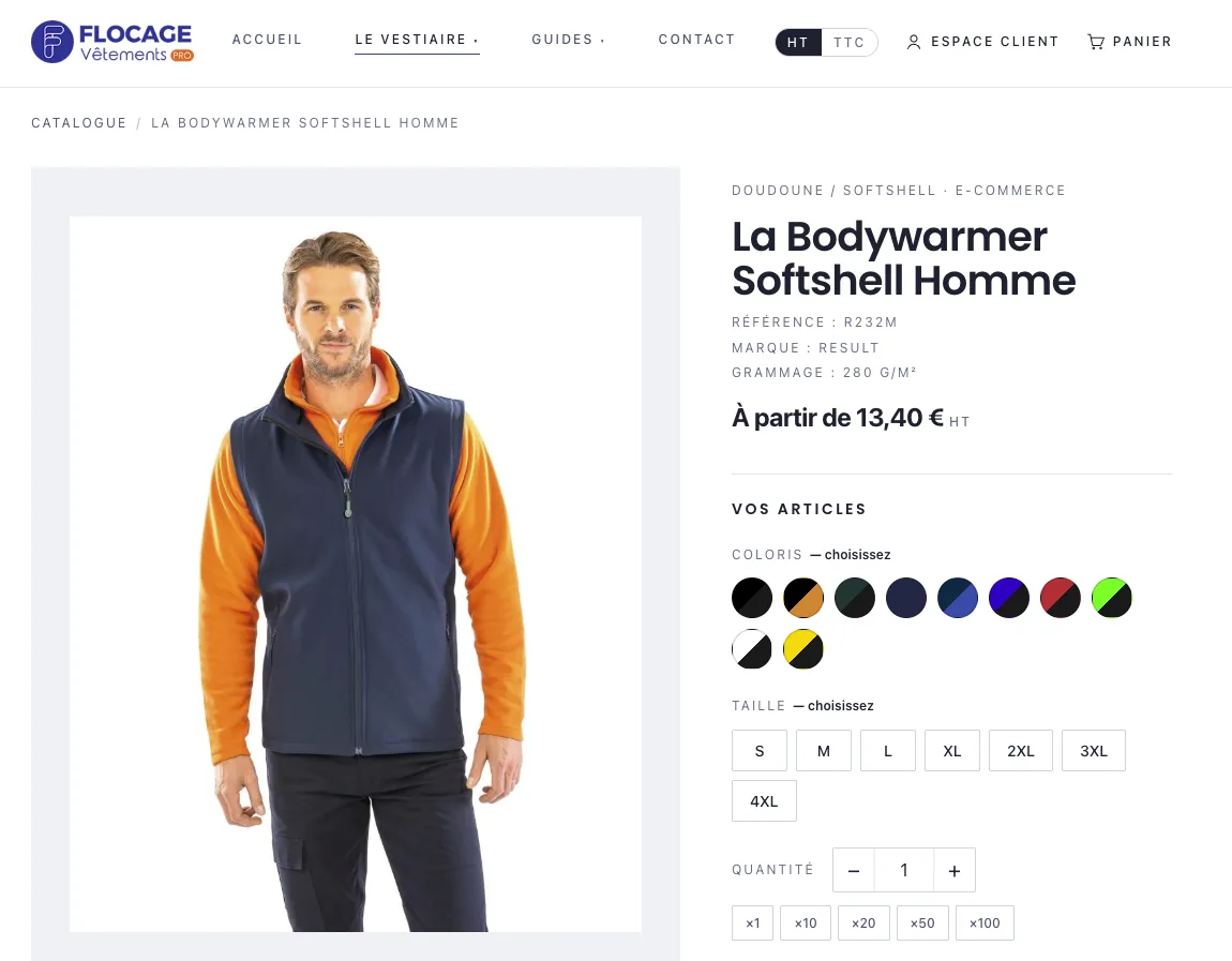 Fiche produit de la boutique avec coloris, tailles et paliers de quantité