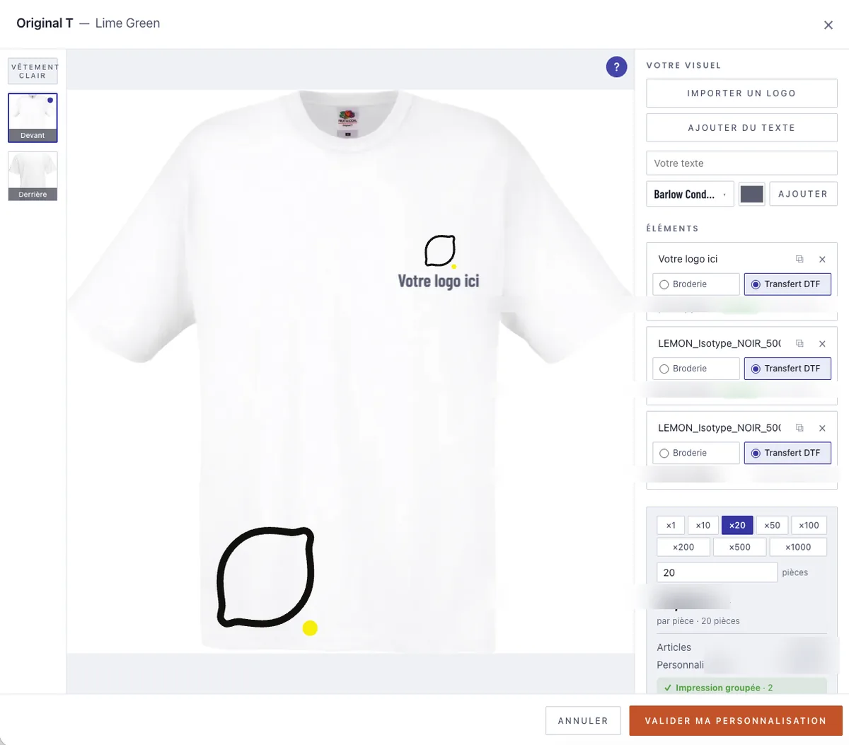 Studio de personnalisation : logo placé sur un tee-shirt, choix broderie ou transfert