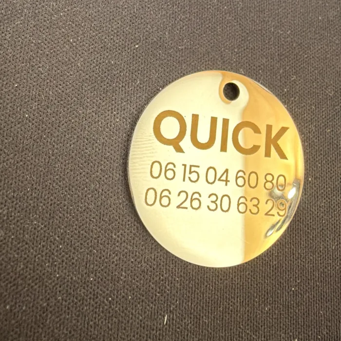 Médaille pour collier de chien gravée avec un nom et des numéros de téléphone