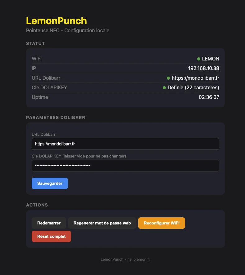 Interface web de configuration LemonPunch : statut Wi-Fi, URL Dolibarr, clé API et actions